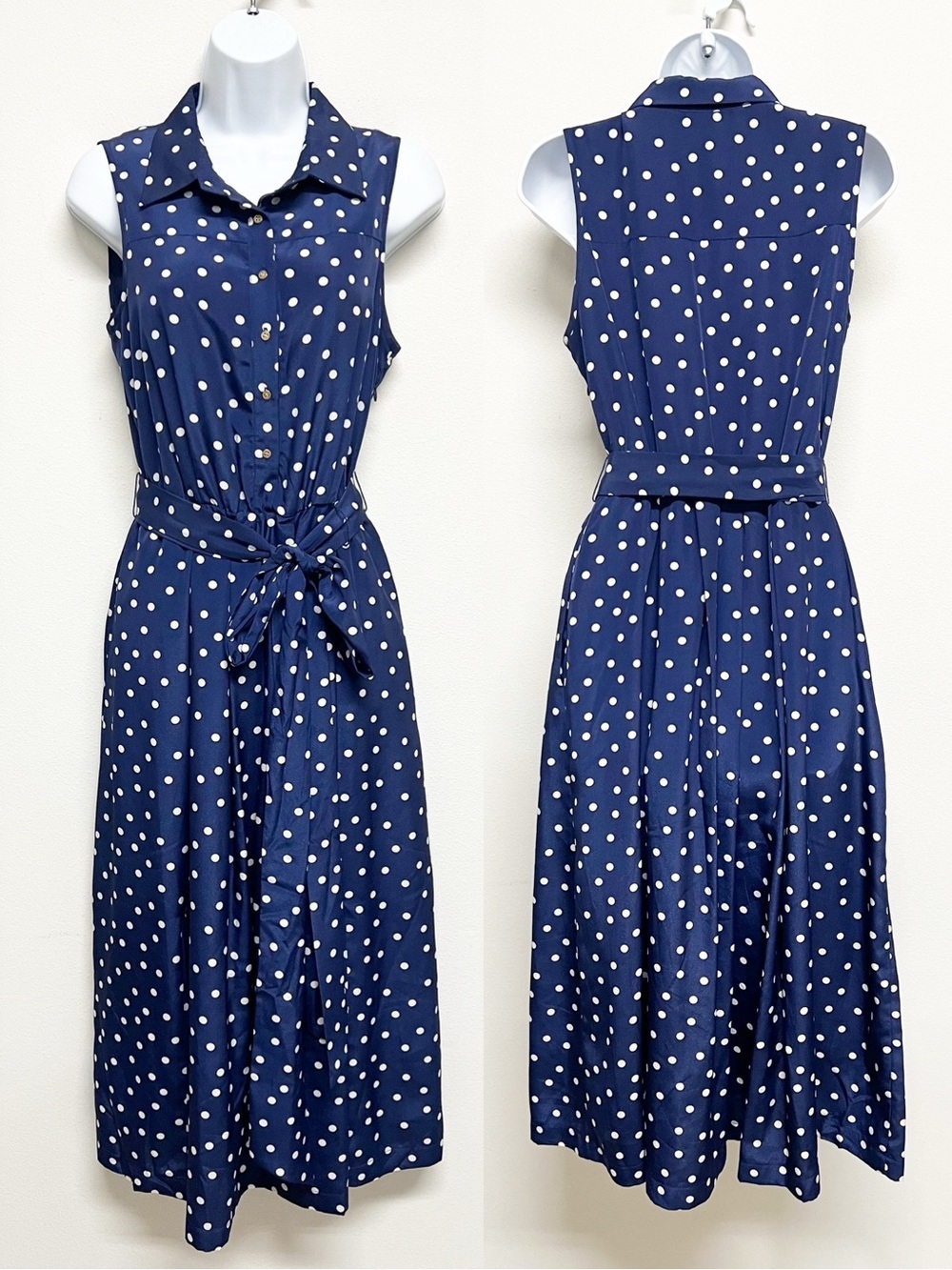 1901 Womens Navy White Polka Dot Sleeveless Tie Waist Button Up Midi Dress - Picture 9 of 9
